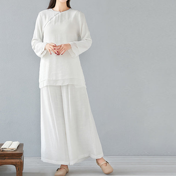 Ensemble de 2 pièces en coton et lin Buddha Stones et chemise à manches trois-quarts et pantalon à jambes larges pour femme - image 1
