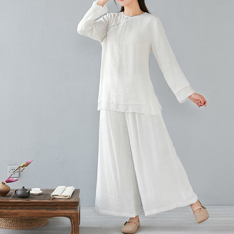 Ensemble de 2 pièces en coton et lin Buddha Stones et chemise à manches trois-quarts et pantalon à jambes larges pour femme - image 3