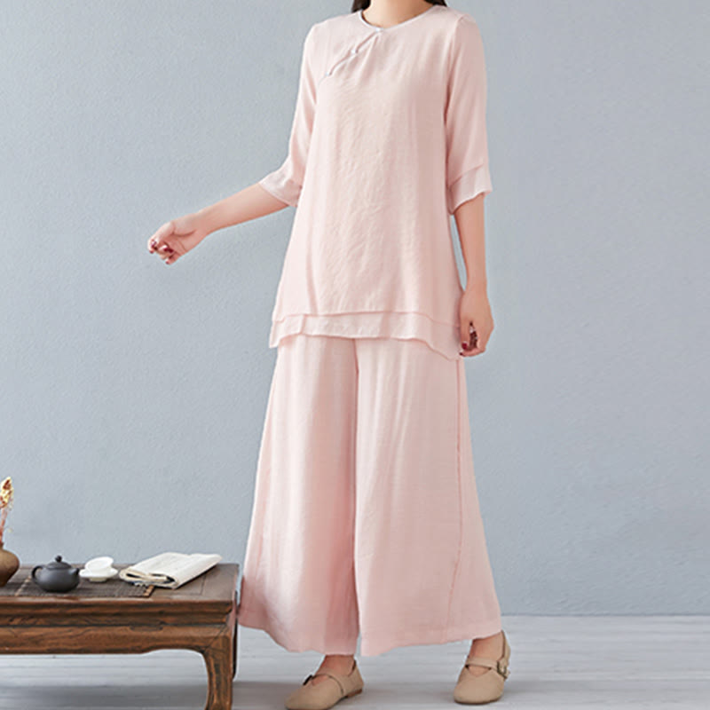 Ensemble de 2 pièces en coton et lin Buddha Stones et chemise à manches trois-quarts et pantalon à jambes larges pour femme - image 16