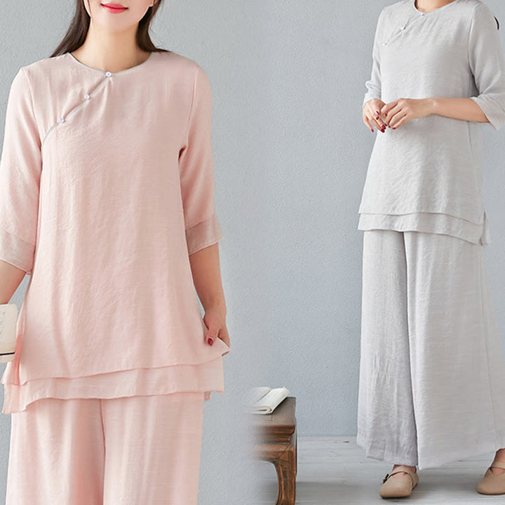 Ensemble de 2 pièces en coton et lin Buddha Stones et chemise à manches trois-quarts et pantalon à jambes larges pour femme - image 29