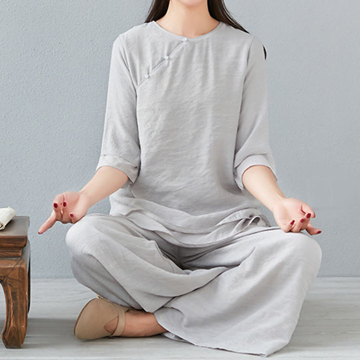 Ensemble de 2 pièces en coton et lin Buddha Stones et chemise à manches trois-quarts et pantalon à jambes larges pour femme - image 27