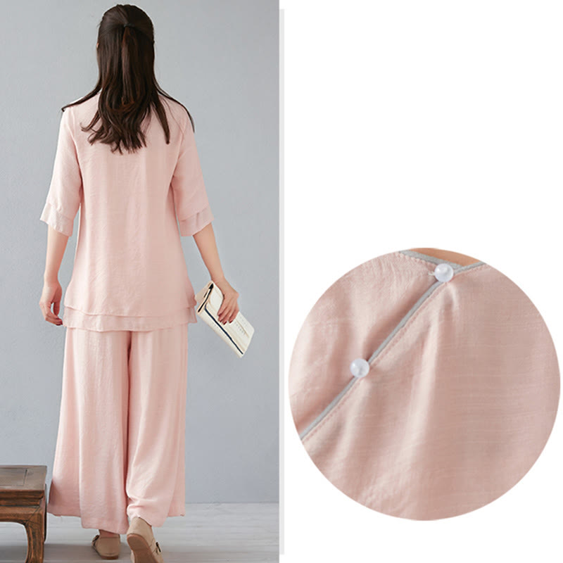 Ensemble de 2 pièces en coton et lin Buddha Stones et chemise à manches trois-quarts et pantalon à jambes larges pour femme - image 24