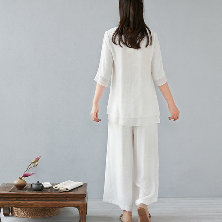 Ensemble de 2 pièces en coton et lin Buddha Stones et chemise à manches trois-quarts et pantalon à jambes larges pour femme - image 10