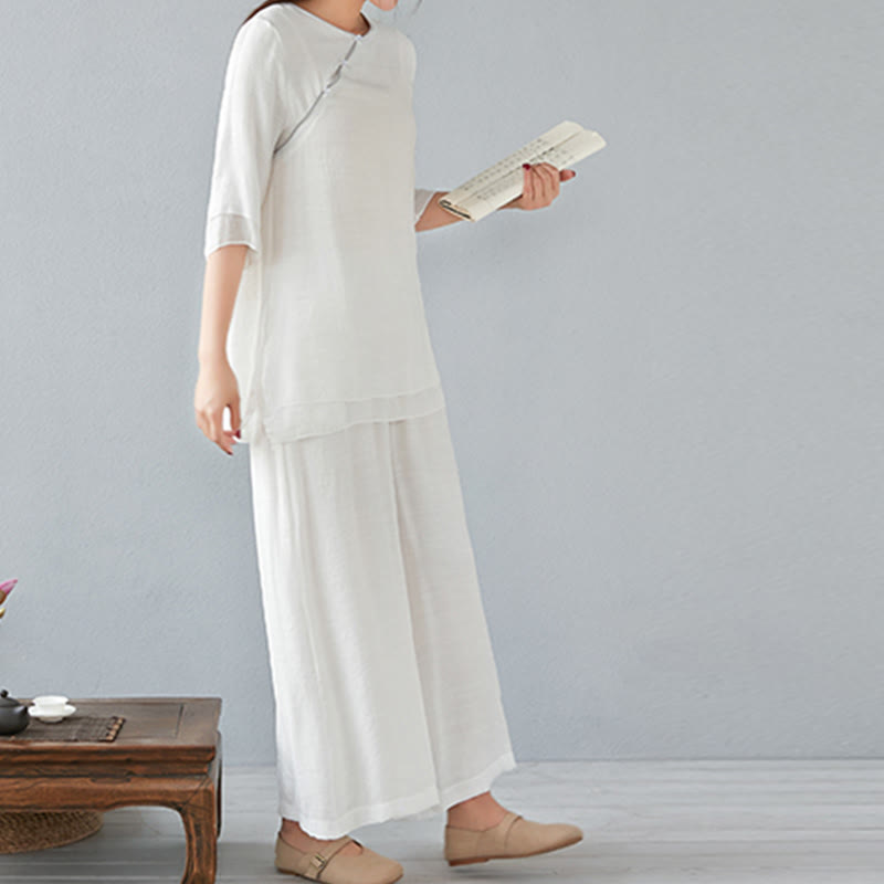 Ensemble de 2 pièces en coton et lin Buddha Stones et chemise à manches trois-quarts et pantalon à jambes larges pour femme - image 9