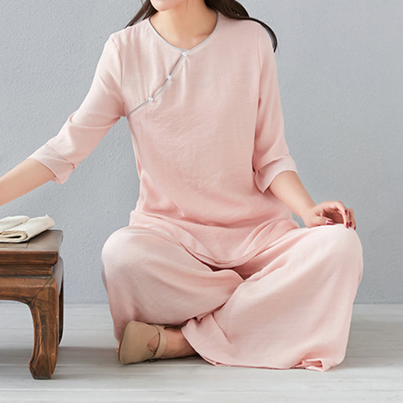 Ensemble de 2 pièces en coton et lin Buddha Stones et chemise à manches trois-quarts et pantalon à jambes larges pour femme - image 18