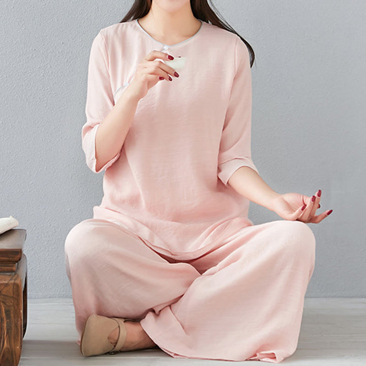 Ensemble de 2 pièces en coton et lin Buddha Stones et chemise à manches trois-quarts et pantalon à jambes larges pour femme - image 19