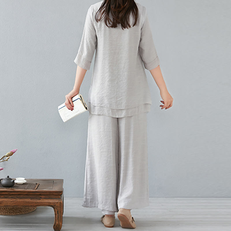 Ensemble de 2 pièces en coton et lin Buddha Stones et chemise à manches trois-quarts et pantalon à jambes larges pour femme - image 28