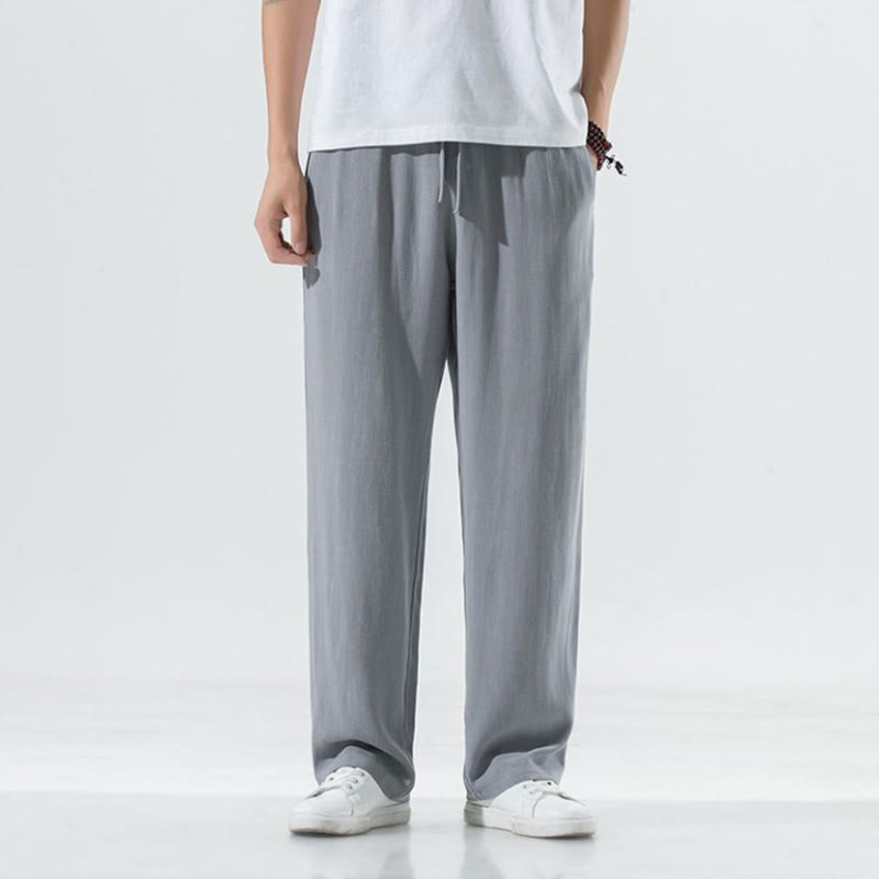 Pantalon large en coton et lin de couleur unie avec poches pour homme Buddha Stones - Gris - US/UK/AU50，EU60 (5XL) - image 8