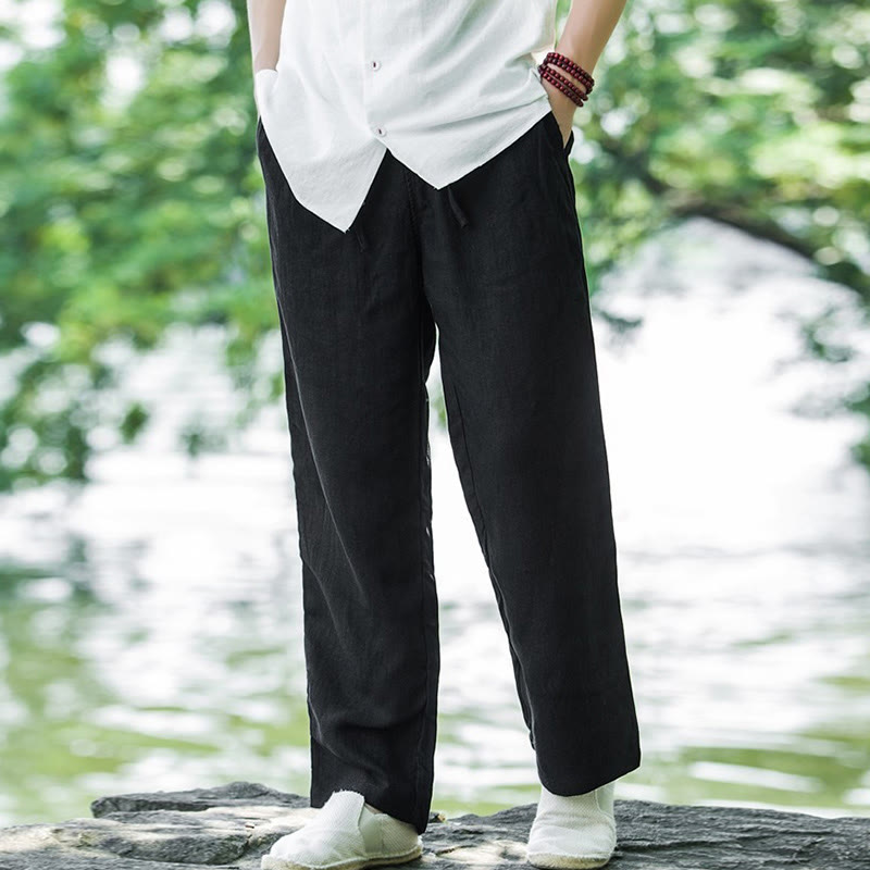 Pantalon large en coton et lin de couleur unie avec poches pour homme Buddha Stones - Noir - US/UK/AU50，EU60 (5XL) - image 4