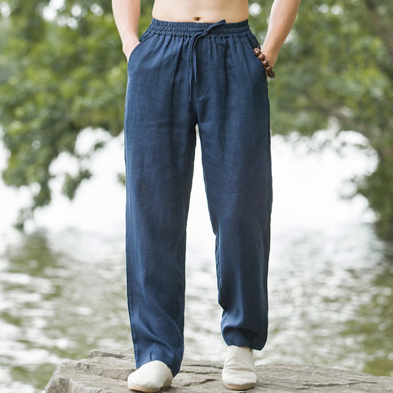 Pantalon large en coton et lin de couleur unie avec poches pour homme Buddha Stones - Bleu acier - États-Unis/Royaume-Uni/AU50, EU60 (5XL) - image 6
