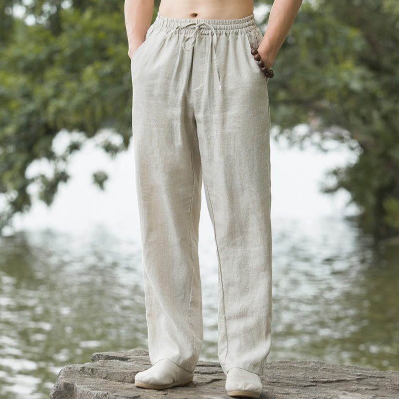 Pantalon large en coton et lin de couleur unie avec poches pour homme Buddha Stones - Lin - US/UK/AU50，EU60 (5XL) - image 0