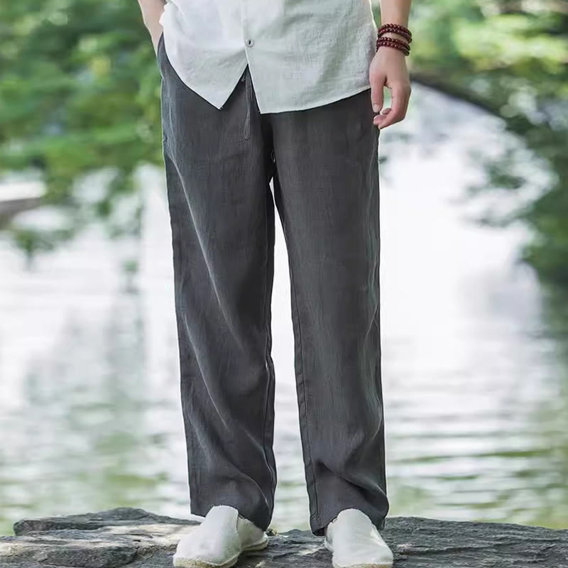 Pantalon large en coton et lin de couleur unie avec poches pour homme Buddha Stones - image 9