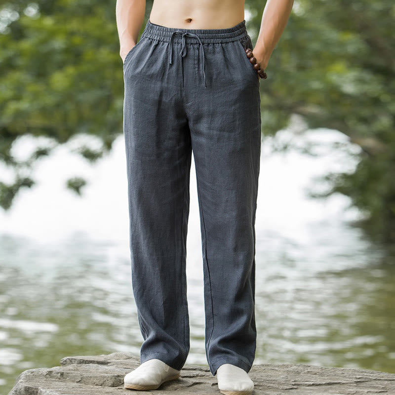 Pantalon large en coton et lin de couleur unie avec poches pour homme Buddha Stones - image 13
