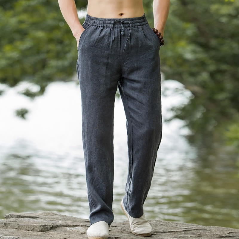 Pantalon large en coton et lin de couleur unie avec poches pour homme Buddha Stones - image 10