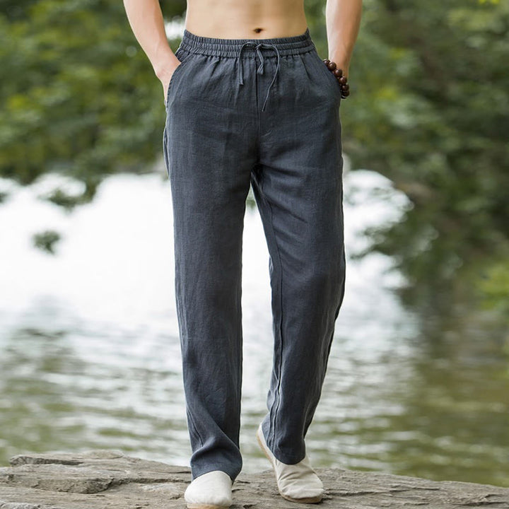 Pantalon large en coton et lin de couleur unie avec poches pour homme Buddha Stones - image 10