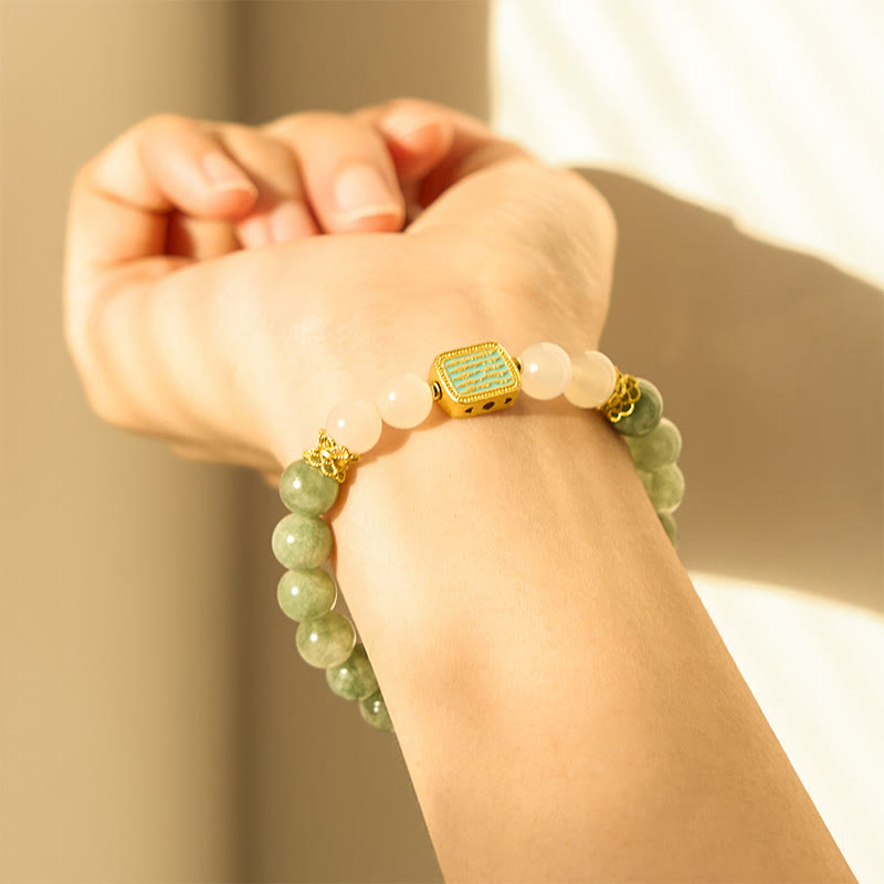Bracelet d'abondance en Buddha Stones en jade vert naturel et agate blanche avec cinq écritures