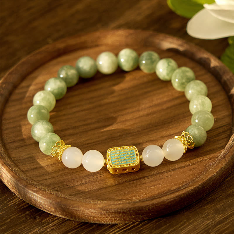 Bracelet d'abondance en Buddha Stones en jade vert naturel et agate blanche avec cinq écritures