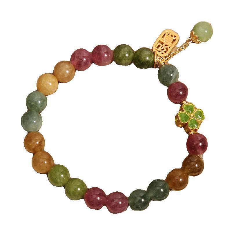 Bracelet positif en trèfle à quatre feuilles coloré en jade tourmaline et Buddha Stones