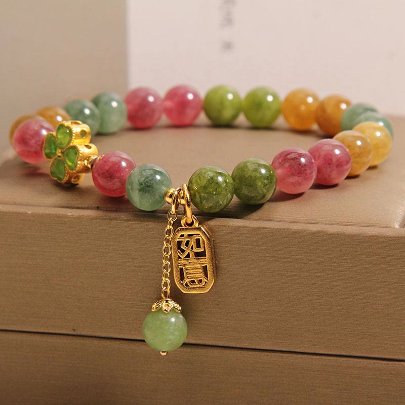 Bracelet positif en trèfle à quatre feuilles coloré en jade tourmaline et Buddha Stones