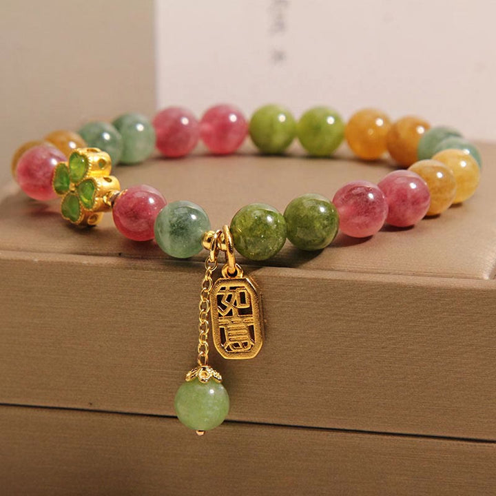 Bracelet positif en trèfle à quatre feuilles coloré en jade tourmaline et Buddha Stones