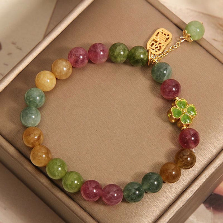 Bracelet positif en trèfle à quatre feuilles coloré en jade tourmaline et Buddha Stones