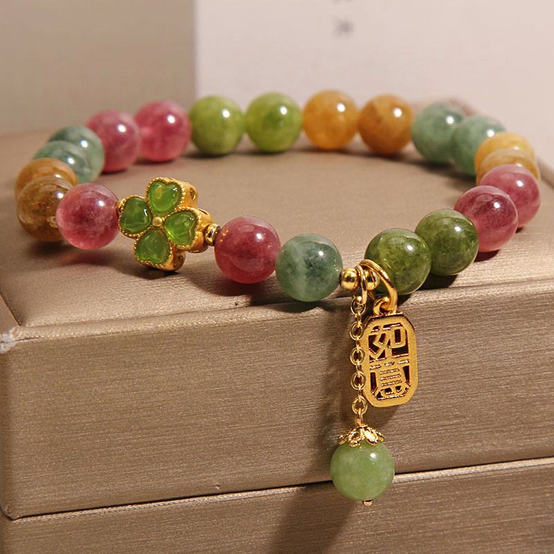 Bracelet positif en trèfle à quatre feuilles coloré en jade tourmaline et Buddha Stones