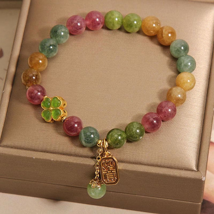 Bracelet positif en trèfle à quatre feuilles coloré en jade tourmaline et Buddha Stones
