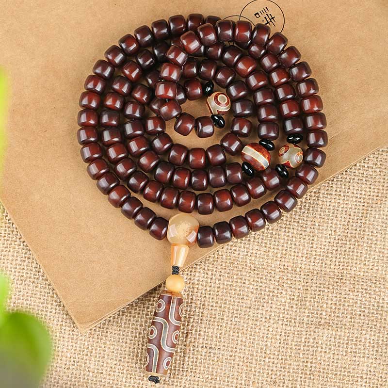 Buddha Stones 108 perles Mala Perle Dzi à trois yeux Perle Dzi à neuf yeux Bracelet porte-bonheur en jade