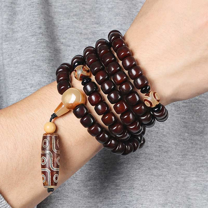 Buddha Stones 108 perles Mala Perle Dzi à trois yeux Perle Dzi à neuf yeux Bracelet porte-bonheur en jade
