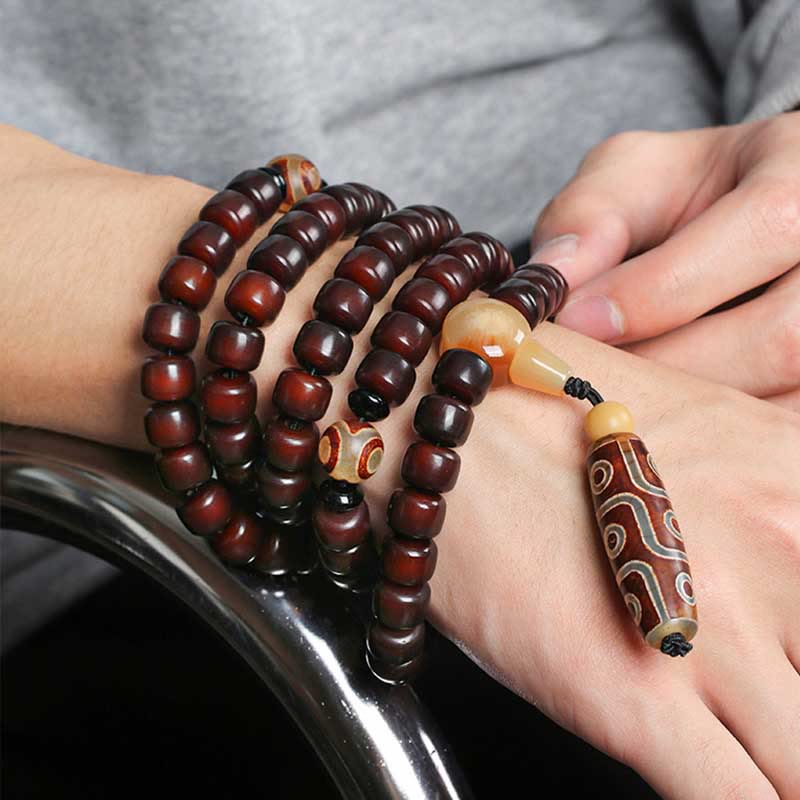 Buddha Stones 108 perles Mala Perle Dzi à trois yeux Perle Dzi à neuf yeux Bracelet porte-bonheur en jade
