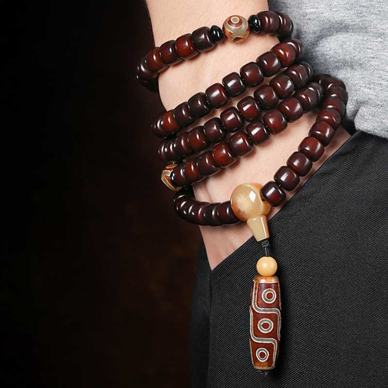 Buddha Stones 108 perles Mala Perle Dzi à trois yeux Perle Dzi à neuf yeux Bracelet porte-bonheur en jade