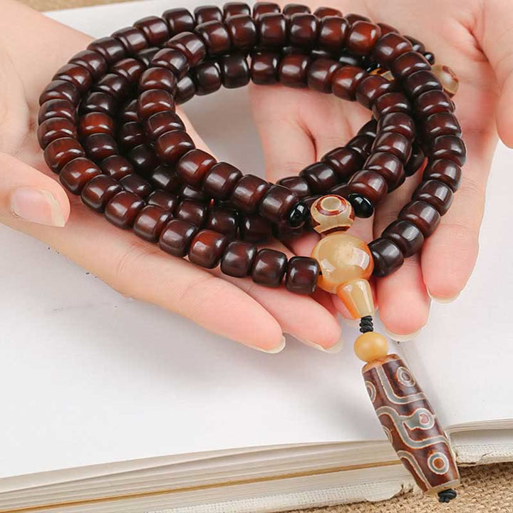 Buddha Stones 108 perles Mala Perle Dzi à trois yeux Perle Dzi à neuf yeux Bracelet porte-bonheur en jade