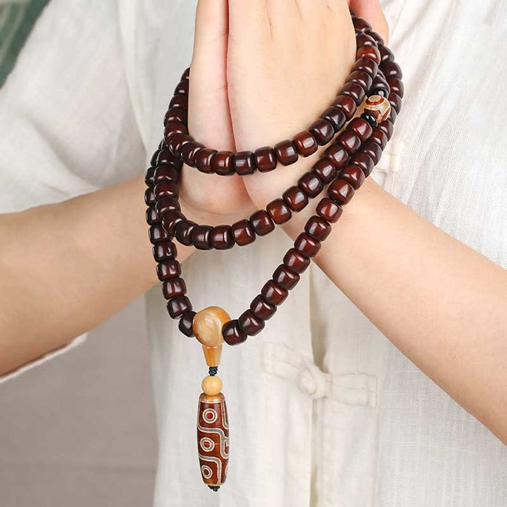 Buddha Stones 108 perles Mala Perle Dzi à trois yeux Perle Dzi à neuf yeux Bracelet porte-bonheur en jade