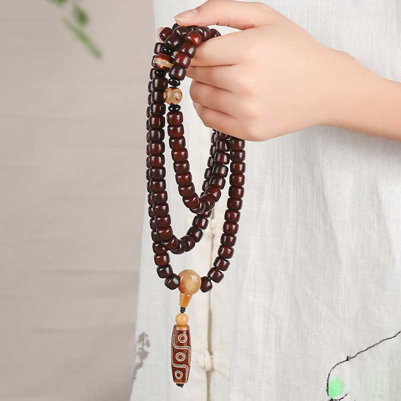 Buddha Stones 108 perles Mala Perle Dzi à trois yeux Perle Dzi à neuf yeux Bracelet porte-bonheur en jade