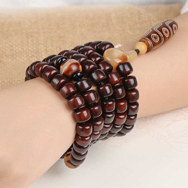Buddha Stones 108 perles Mala Perle Dzi à trois yeux Perle Dzi à neuf yeux Bracelet porte-bonheur en jade