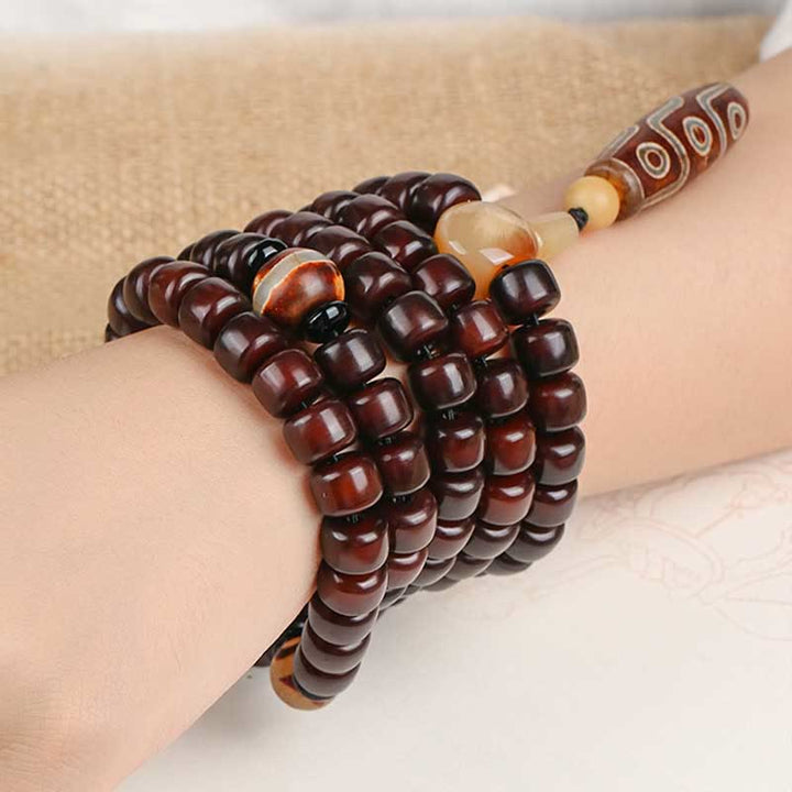 Buddha Stones 108 perles Mala Perle Dzi à trois yeux Perle Dzi à neuf yeux Bracelet porte-bonheur en jade
