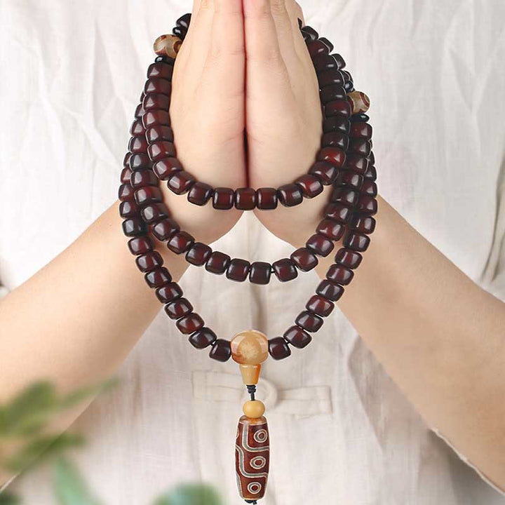 Buddha Stones 108 perles Mala Perle Dzi à trois yeux Perle Dzi à neuf yeux Bracelet porte-bonheur en jade