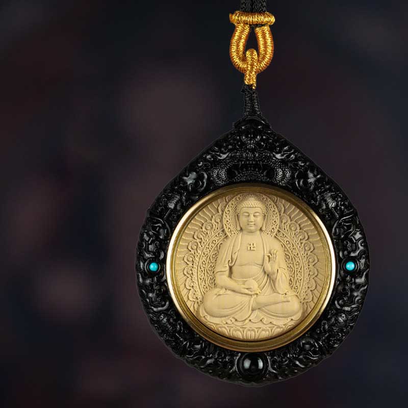 Buddha Stones Zodiaque chinois Bouddha natal Petite feuille Bois de santal rouge Ébène Collier Pendentif Longévité - Chien/Cochon - Bouddha Amitabha - Ébène - image 5