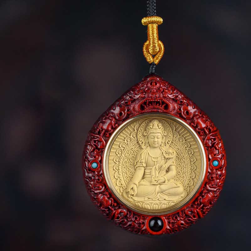Buddha Stones Zodiaque chinois Bouddha natal Petite feuille Bois de santal rouge Ébène Collier Pendentif Longévité - Dragon/Serpent-Samantabhadra Bodhisattva  - Bois de santal rouge à petites feuilles - image 14