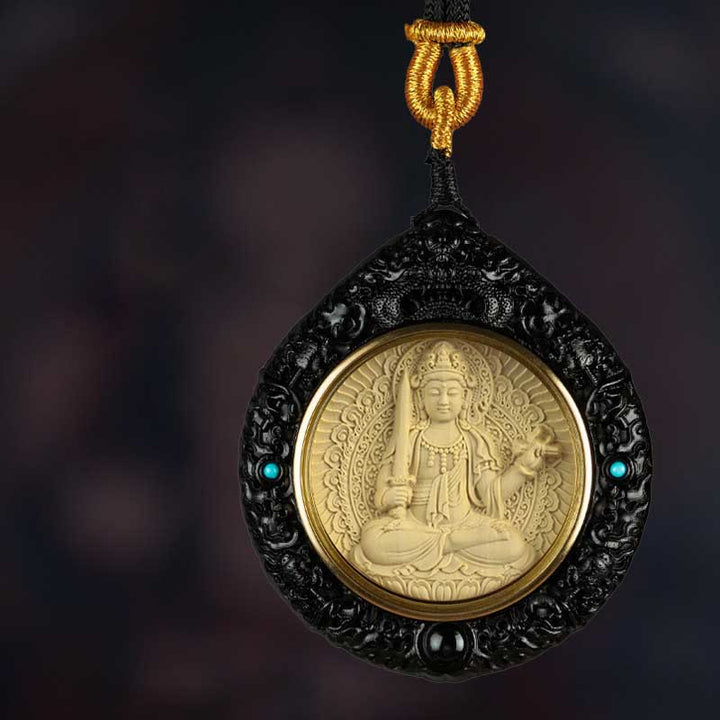 Buddha Stones Zodiaque chinois Bouddha natal Petite feuille Bois de santal rouge Ébène Collier Pendentif Longévité - Bodhisattva Lapin-Manjushri - Ébène - image 3