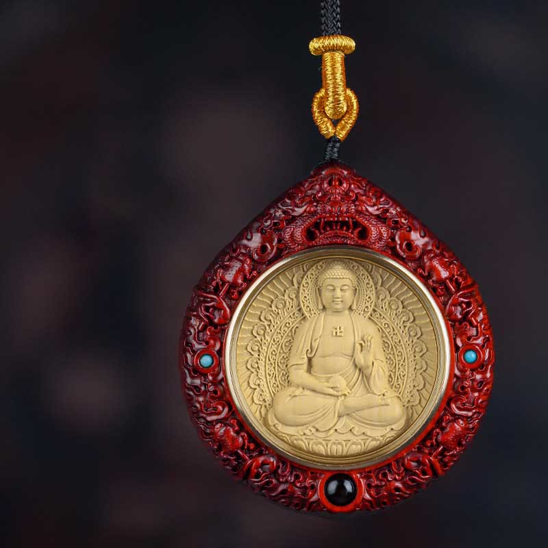 Buddha Stones Zodiaque chinois Bouddha natal Petite feuille Bois de santal rouge Ébène Collier Pendentif Longévité - Chien/Cochon - Bouddha Amitabha - Bois de santal rouge à petites feuilles - image 13
