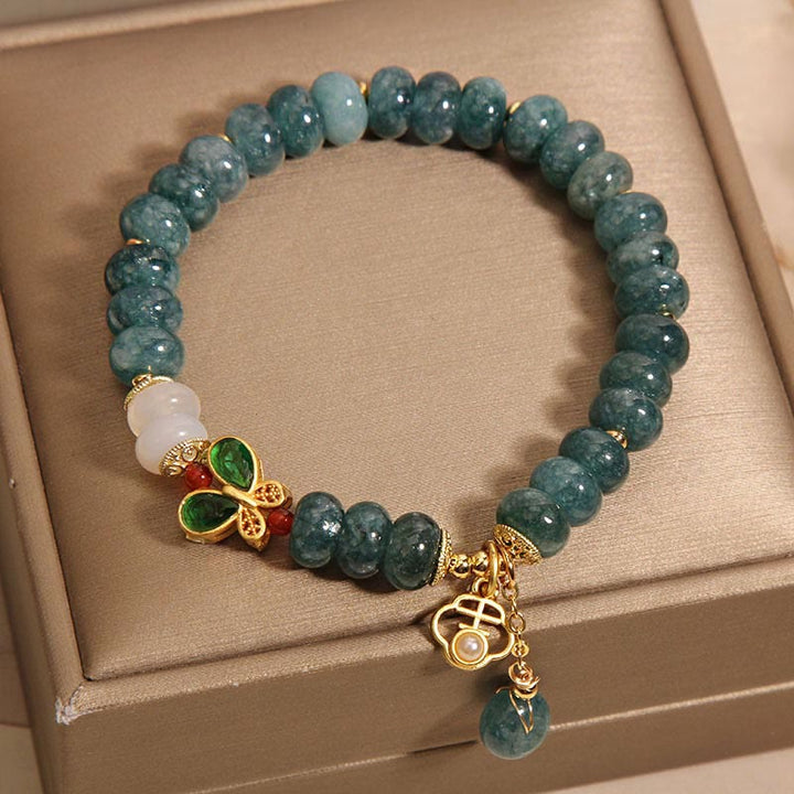 Bracelet d'abondance en Buddha Stones de boulier papillon en jade et agate blanche