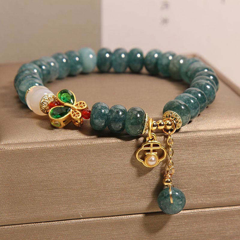 Bracelet d'abondance en Buddha Stones de boulier papillon en jade et agate blanche