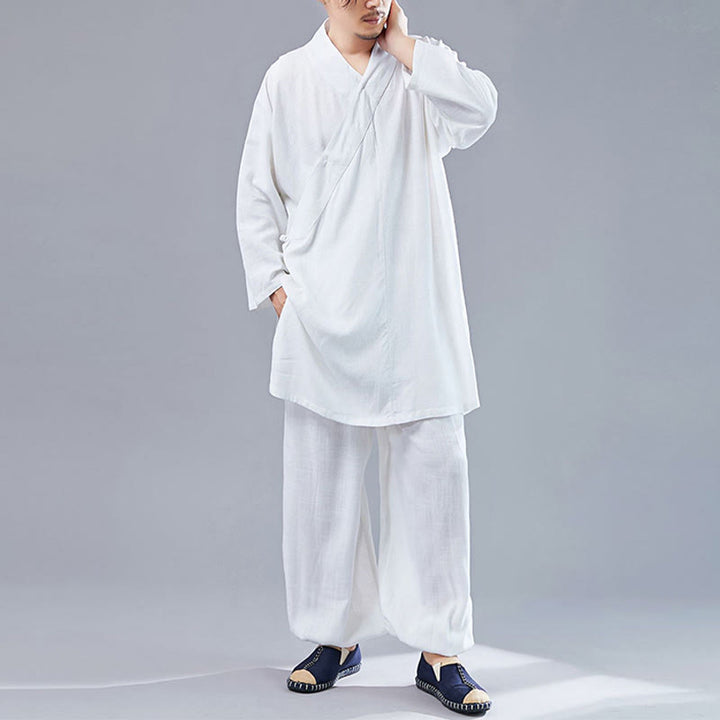 Ensemble de vêtements en coton et lin pour homme, 2 pièces, Buddha Stones en V, manches longues, haut et pantalon, méditation, zen, Tai Chi - image 1