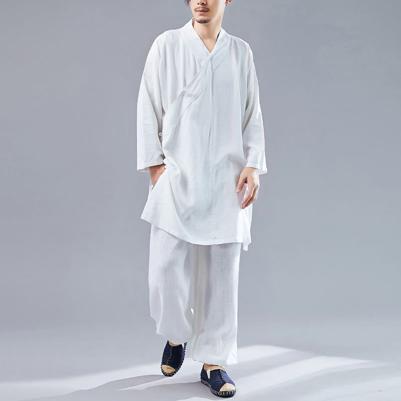 Ensemble de vêtements en coton et lin pour homme, 2 pièces, Buddha Stones en V, manches longues, haut et pantalon, méditation, zen, Tai Chi - Blanc - US/UK/AU42，EU52 (XL)  - image 0
