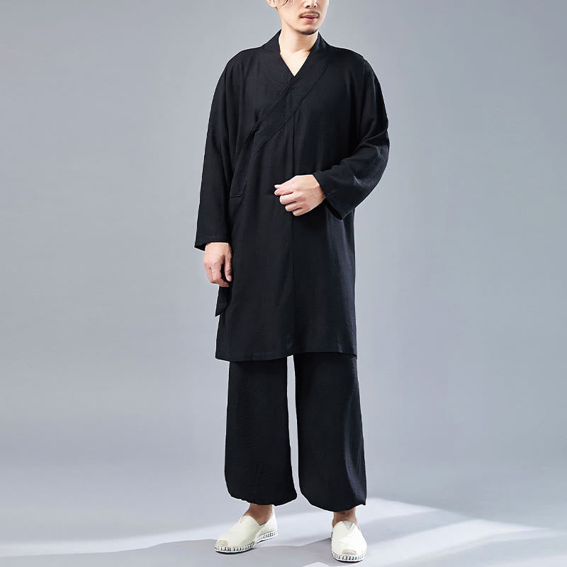 Ensemble de vêtements en coton et lin pour homme, 2 pièces, Buddha Stones en V, manches longues, haut et pantalon, méditation, zen, Tai Chi - Noir - US/UK/AU42，EU52 (XL)  - image 21