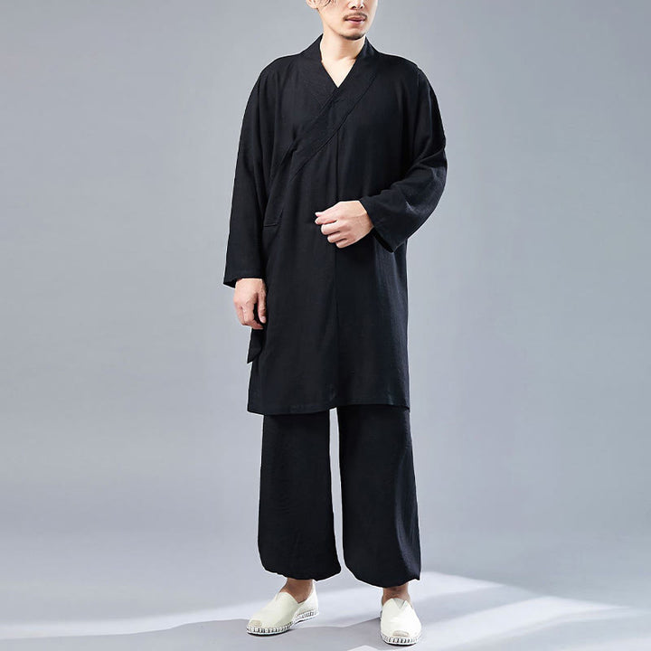 Ensemble de vêtements en coton et lin pour homme, 2 pièces, Buddha Stones en V, manches longues, haut et pantalon, méditation, zen, Tai Chi - Noir - US/UK/AU42，EU52 (XL)  - image 21