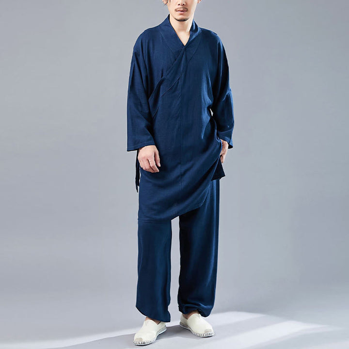 Ensemble de vêtements en coton et lin pour homme, 2 pièces, Buddha Stones en V, manches longues, haut et pantalon, méditation, zen, Tai Chi - Bleu acier - US/UK/AU42，EU52 (XL)  - image 31