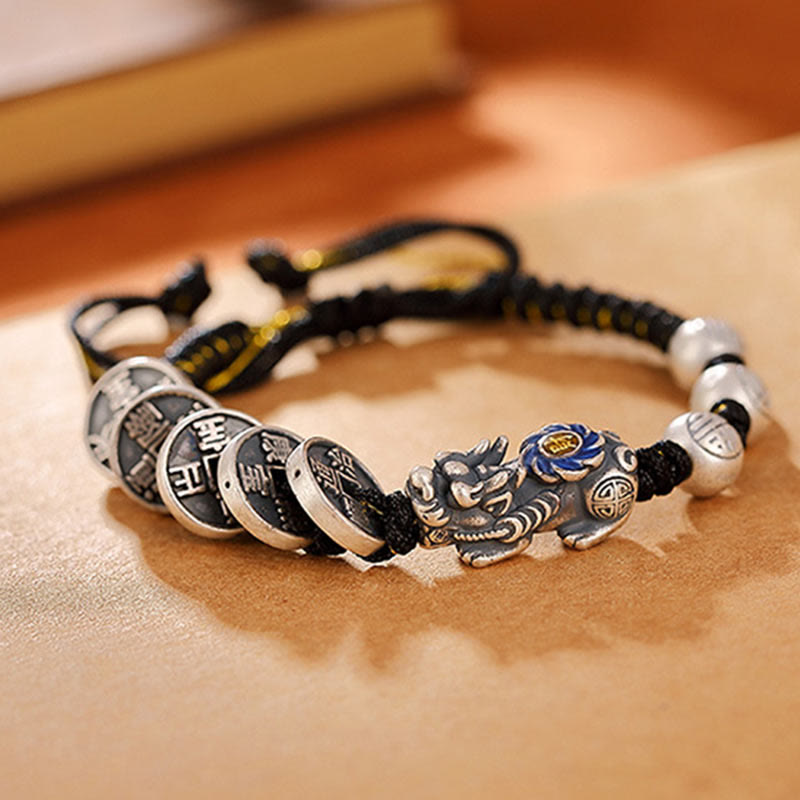 Bracelet tressé en argent sterling 999 Buddha Stones FengShui PiXiu et pièce de cuivre Fu Character Wealth