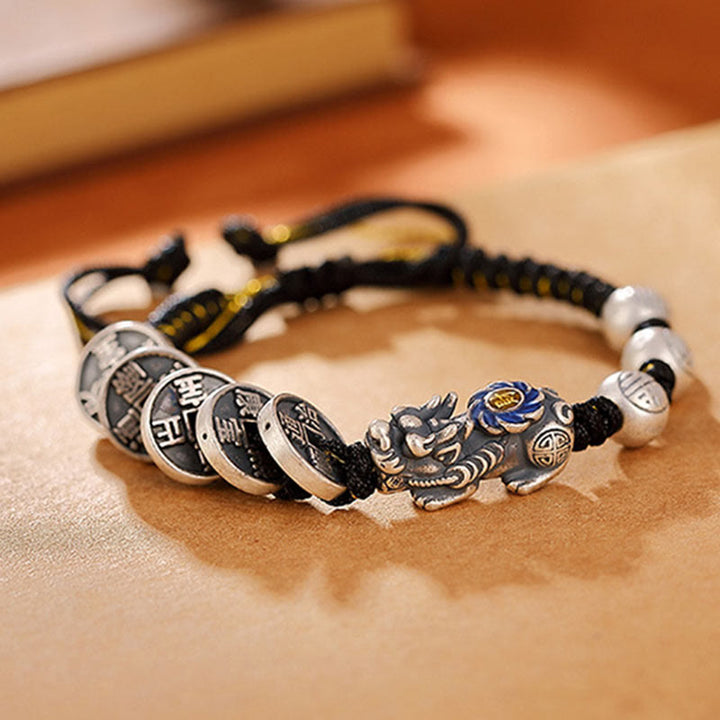 Bracelet tressé en argent sterling 999 Buddha Stones FengShui PiXiu et pièce de cuivre Fu Character Wealth